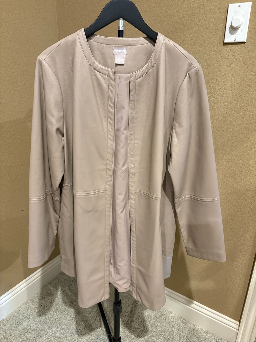 Women’s Beige Collarless Pleather Coat by Chico's